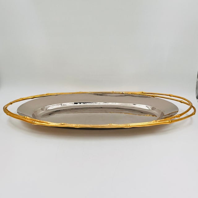 l'Objet Contemporary 24 Karat Gold & Nickel Plated Faux Bamboo Handled 24" Oval Platter Butler's Tray For Sale - Image 9 of 17