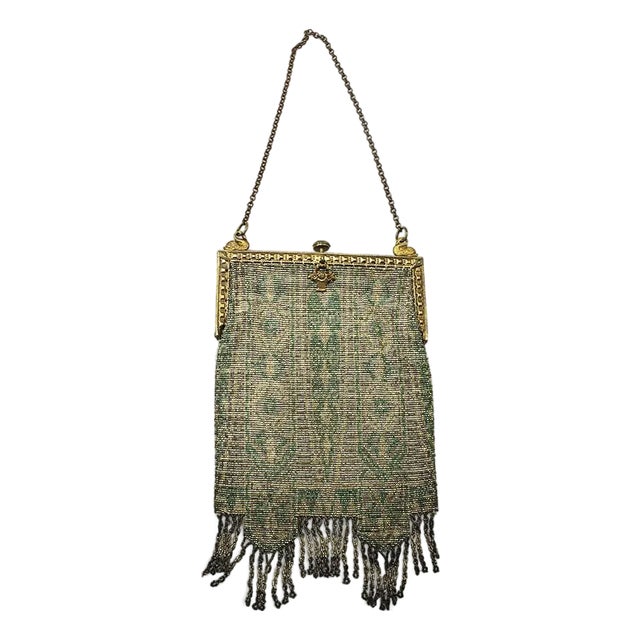 Art Deco Micro Beaded Bag Purse Great Condition Swans on Frame Mirror Green For Sale