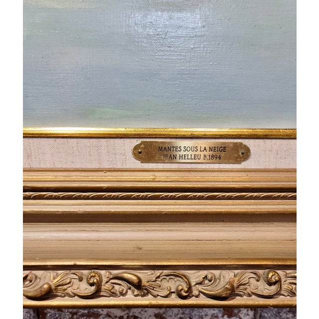 Blue Jean Helleu -Under a Blanket of Snow by the River-1950s French Oil Painting For Sale - Image 8 of 11