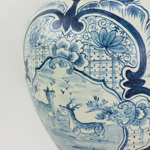 Pair of Vintage Hand Painted Blue and Cream Ceramic Ginger Jar Table Lamps With Deer and Floral Folk Art Design For Sale - Image 13 of 15