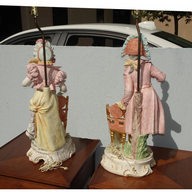 1950s Vintage Porcelain Capodimonte Style Figural Pair Table Lamps ~ Made in Italy For Sale - Image 12 of 12
