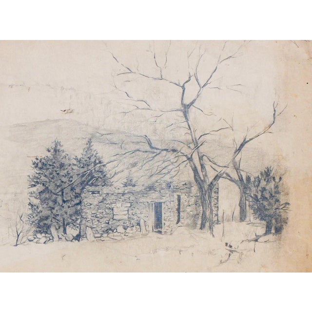Madelyn Colby Naturalistic Monochromatic New Mexico Landscape Pencil Drawing with Trees, Mid-20th Century For Sale - Image 9 of 10