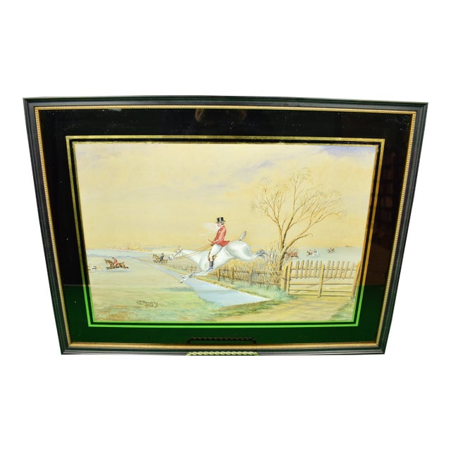 Huntsman Clearing Water Fence C1898 Gouache by H. W. Standing For Sale