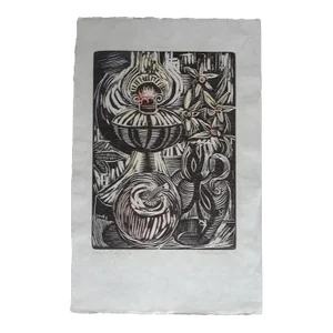 Mid 20th Century "Lamp & Daffodils" Byron Randall Modernist Abstract Woodcut Print