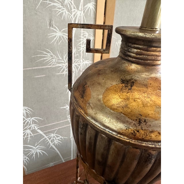 Mid-Century Modern Vintage Brass Colored, Urn Style Footed Table Lamp With Greek Key and Ram Head Details For Sale - Image 3 of 6