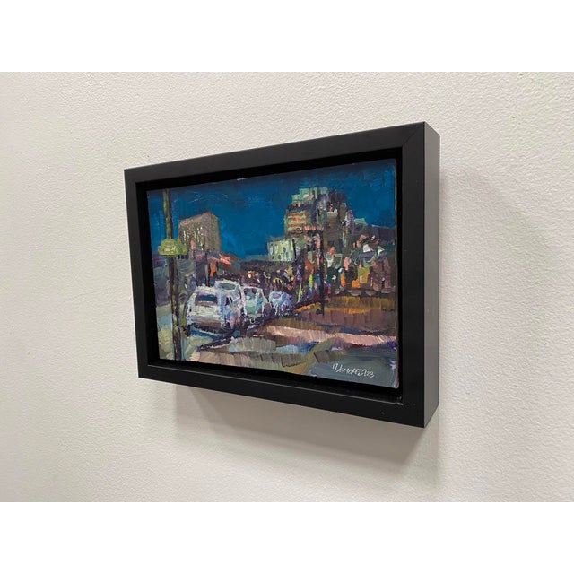 31st and Larimer Nocturne by Delton Demarest | Oil on panel Night scene with cars and buildings. For Sale - Image 4 of 4