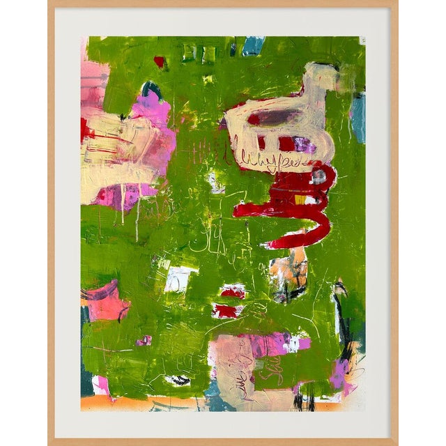 A rich field of moss green is layered with blushes of pink, flashes of magenta, and a bold red calligraphic gesture that...