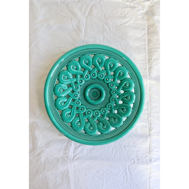 Large Vintage Turquoise Ceramic Bowl with Openwork Braided Pattern, 1950s, in Flawless conditions. Designed 1950 to 1959