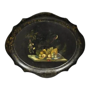 Antique French Papier Mache Tole Hand Painted Fruit Still Life and Bird Tray