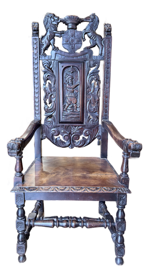 Antique Renaissance Revival Heraldic Carved Throne Chair