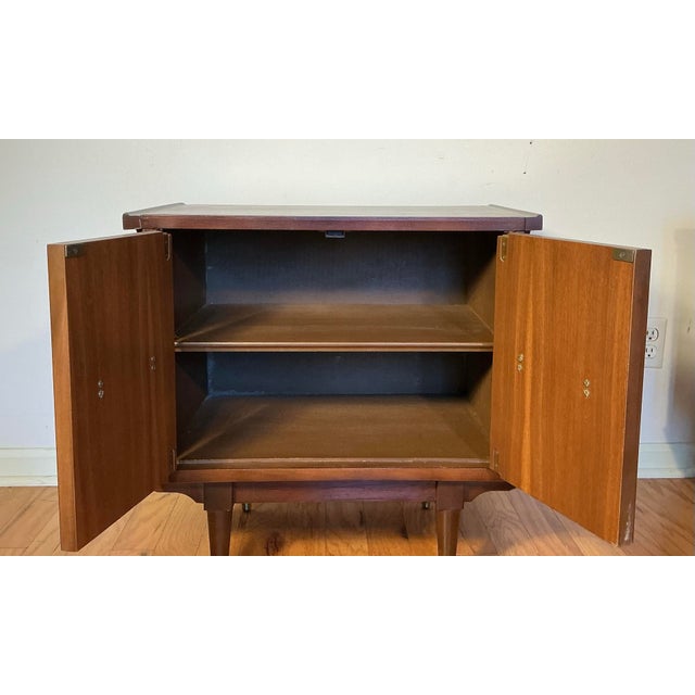 Wood Pair of Mid Century Modern Nightstands Cane Fronts & Brass Hardware, Circa 60s For Sale - Image 7 of 12