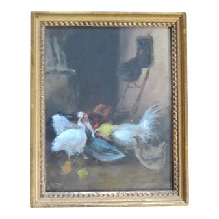 Early 20th Century Oil Painting of a Chicken Coop with Hens and Roosters For Sale