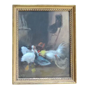 Early 20th Century Oil Painting of a Chicken Coop with Hens and Roosters