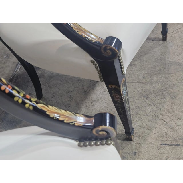 Wood Late 20th Century Pair of Karges Hepplewhite Plum Arm Chairs Ebonized, Carved Hand Painted Leather Fabric For Sale - Image 7 of 11