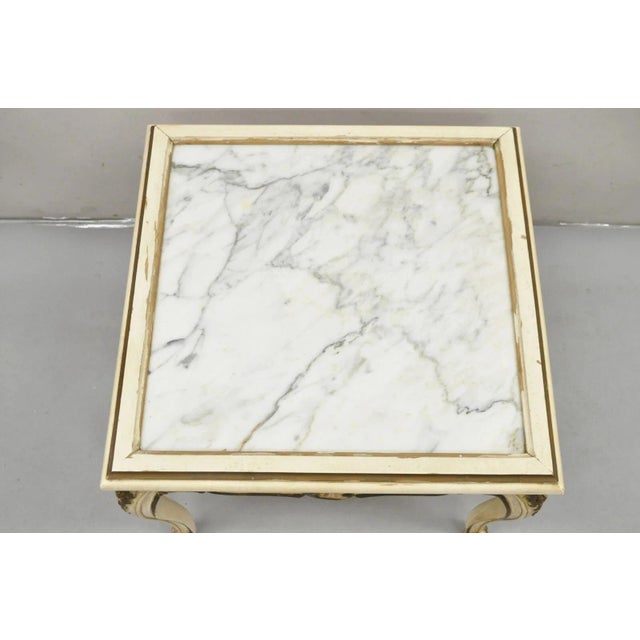 French Vintage French Louis XV Style White Painted Marble Top Low Square Coffee Table For Sale - Image 3 of 12