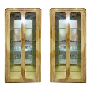 Vintage Laquered Faux Goatskin and Glass Vitrine Cabinets, Pair For Sale