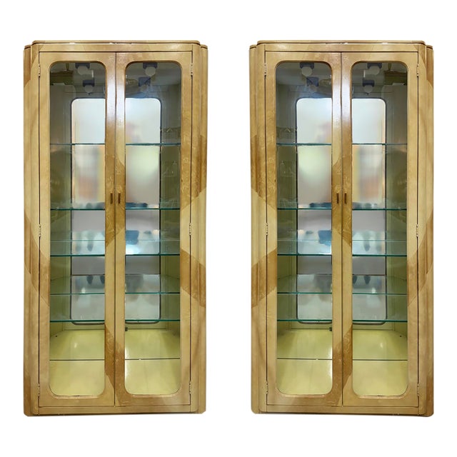 Vintage Laquered Faux Goatskin and Glass Vitrine Cabinets, Pair For Sale