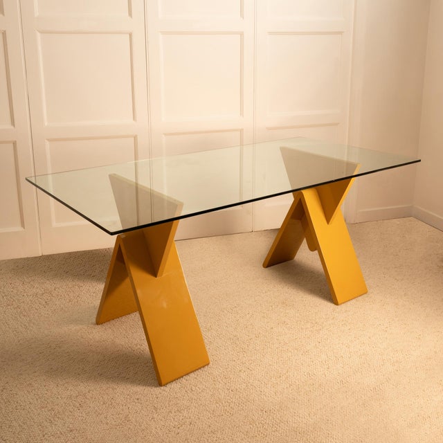 Dining room table or desk - Italy 1980s Thick and heavy crystal glass top resting on 2 graphic legs in brown lacquered...