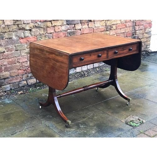 Regency Sofa Table, Cuban Mahogany with Inlay. Double Sided For Central Use. Has drawers one side, and dummy drawers the...