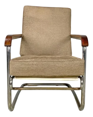 Italian Bauhaus Chair in Chromed Metal Structure and Light Brown Fabric, 1940s
