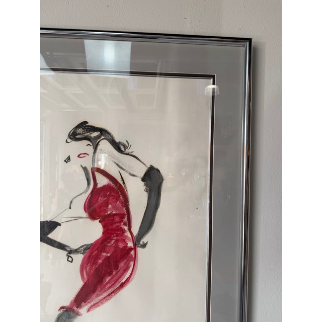 1980’s Vintage Fashion Illustration Painting – Red Dress Figure, Framed Under Glass For Sale In Miami - Image 6 of 12