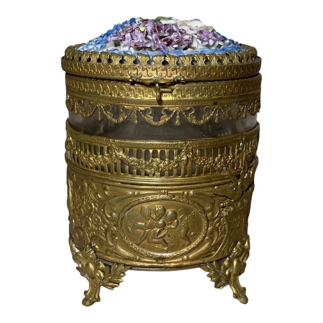 Antique 19th Century Ornate Bronze Porcelain Glass Vanity Casket Dresser Box Jar For Sale