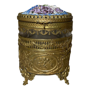 Antique 19th Century Ornate Bronze Porcelain Glass Vanity Casket Dresser Box Jar