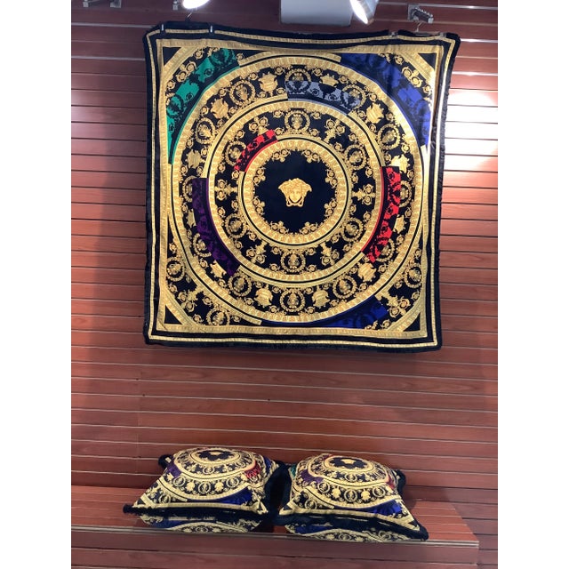 Large custom made Versace velvet throw 55”55” amazing vivid multi color throw with black fringe
