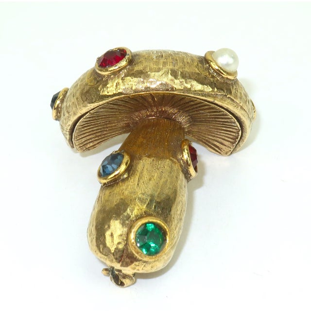 American Jeanne Jewelry Gold Plated Bejeweled Mushroom Brooch, 1960's For Sale - Image 3 of 14