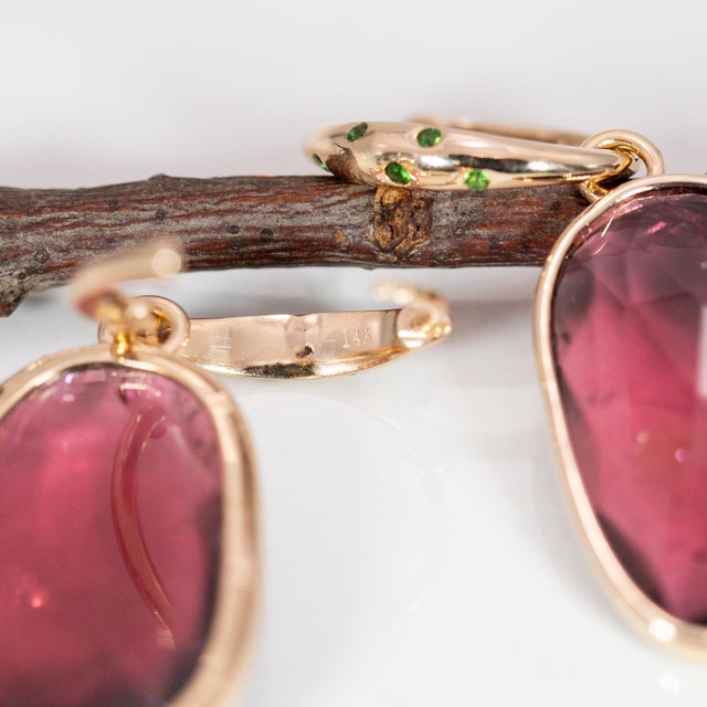 Pink 25.2Ct Rubellite Tourmaline Earrings With Tsavorite Accents: 14k Gold, 25x17mm, Pair For Sale - Image 8 of 8