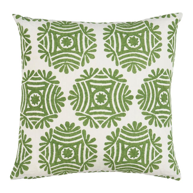 Schumacher x Drusus Tabor Gilded Star Block Print Pillow in Green For Sale
