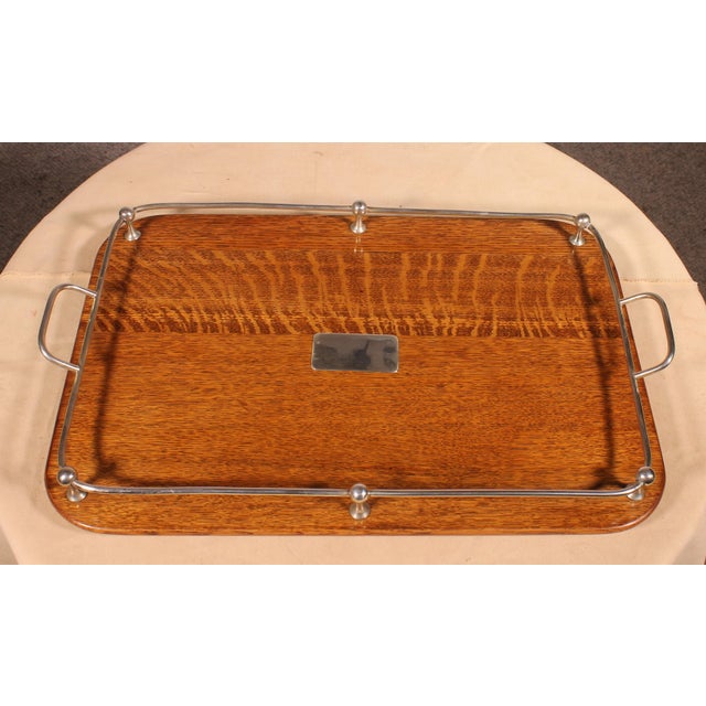 19th Century Silver-Plated Metal and Oak Tray For Sale - Image 10 of 11