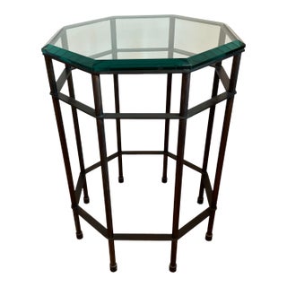 Patinated Brass and Beveled Glass Octagonal Side Table Campaign Style For Sale