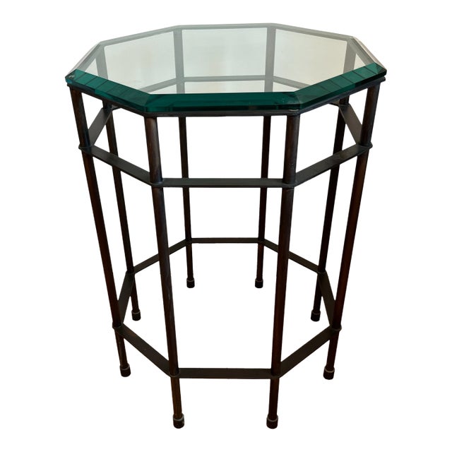 Patinated Brass and Beveled Glass Octagonal Side Table Campaign Style For Sale