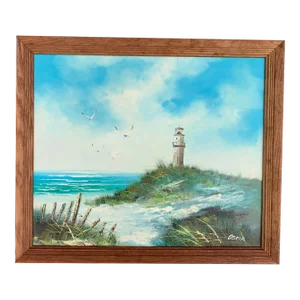 Vintage Seascape Oil Painting on Canvas, Framed