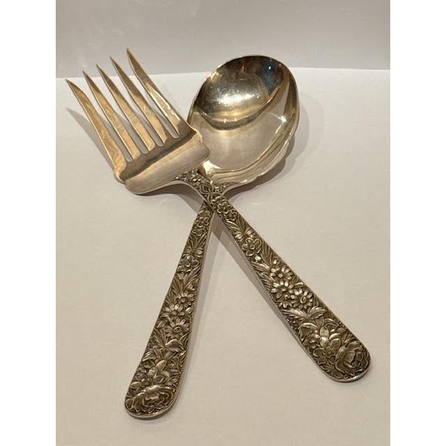Metal 1950s S. Kirk Repousse Pattern Sterling Silver Large Heavy Serving Spoon & Fork Utensil Set. No Monogram For Sale - Image 7 of 15