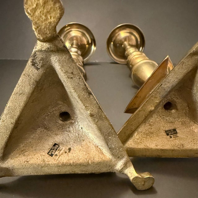 Metal Pair of Brass Mid Century Candlesticks With Triangular Base For Sale - Image 7 of 7