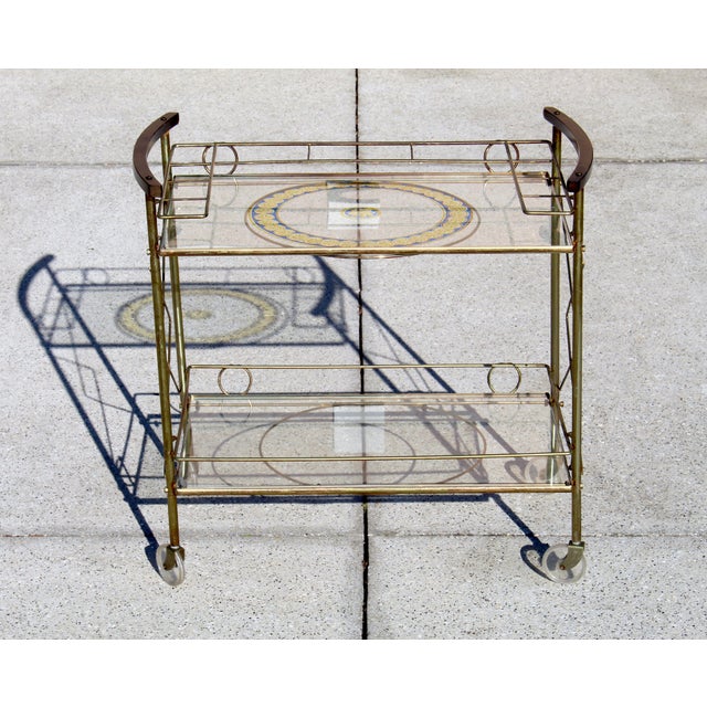Mid-Century Modern Mid-Century Modern Brass & Glass Bar Cart With Blue & Gold Medallion Top | Hollywood Regency For Sale - Image 3 of 18