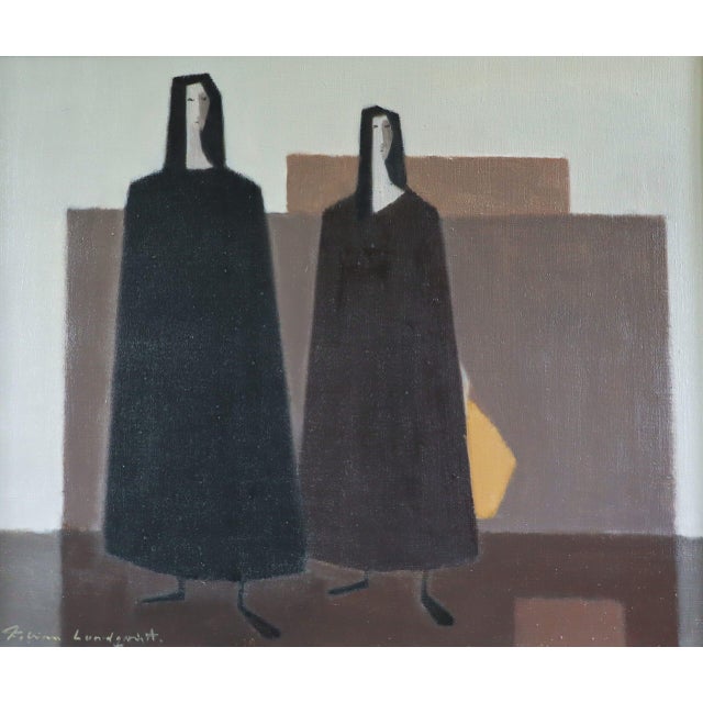Mid-Century Modern 'Silent Companions' Figurative Oil Painting by Swedish Artist Fabian Lundqvist (1913-1989), Framed For Sale - Image 9 of 12