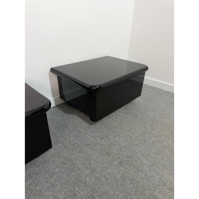Wood Vintage Low Italian Wooden Bedside Tables with Glossy Lacquered Finish, 1970s, Set of 2 For Sale - Image 7 of 14