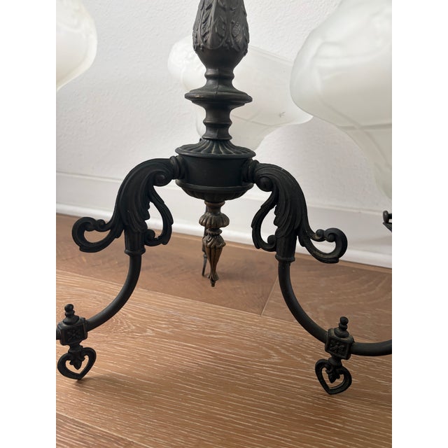 1920s 1920s Spanish Revival Cast Metal Three-Light Chandelier With Frosted Glass Shades For Sale - Image 5 of 6