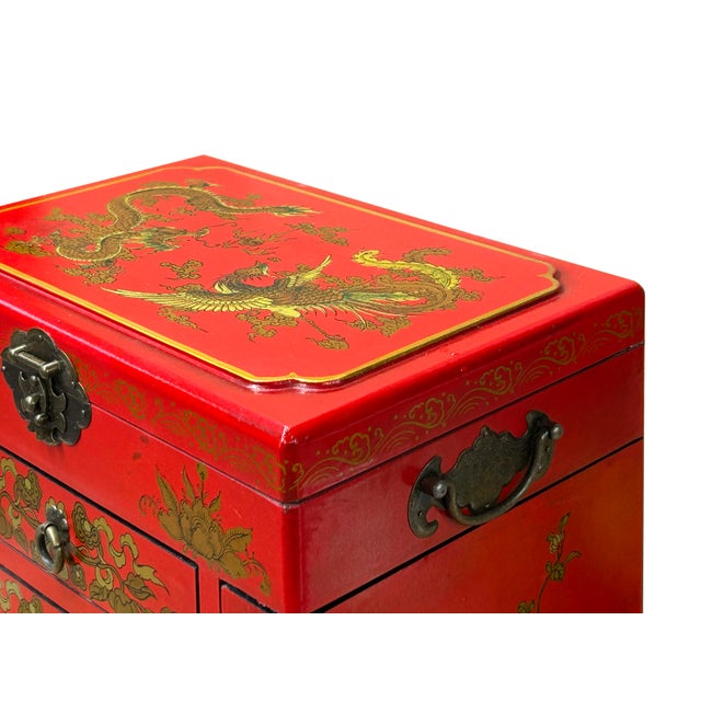 Chinese Oriental Red Dragon Phoenix Mirror Rectangular Jewelry Box For Sale - Image 10 of 13