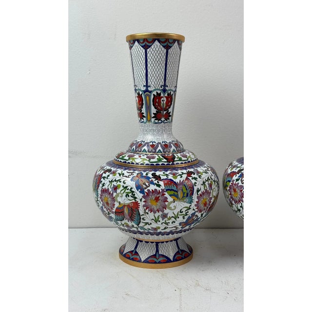 Chinese Pair of Chinese Cloisonne Enamel Vases Lotus White and Floral Butterflies For Sale - Image 3 of 10