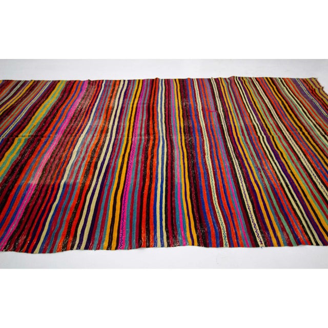 Boho Chic 1960s Vintage Colorful Striped Turkish Kilim Rug- 6′10″ × 13′1″ For Sale - Image 3 of 7