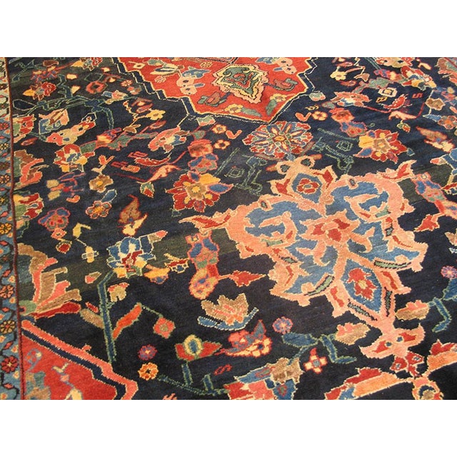 1930s Blue Navy Floral-Medallion Antique Persian Bakhtiari Rug Hand Knotted 7'0" X 11'6 Wool Carpet For Sale In New York - Image 6 of 7
