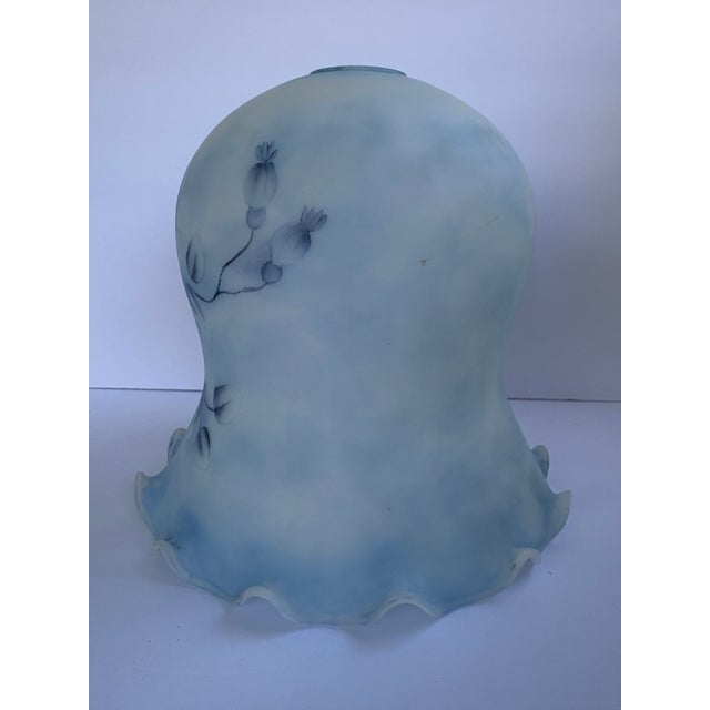 Vintage Frosted Blue Glass Rose Lamp Shade With Ruffled Scalloped Edge For Sale - Image 4 of 9