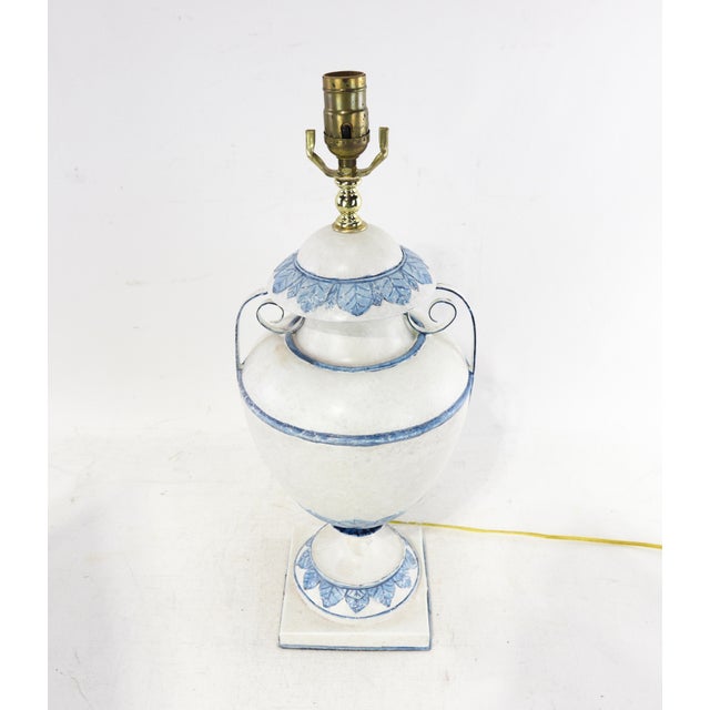 White A Pair of Vintage Blue and White Metal Trophy Table Lamps. For Sale - Image 8 of 9