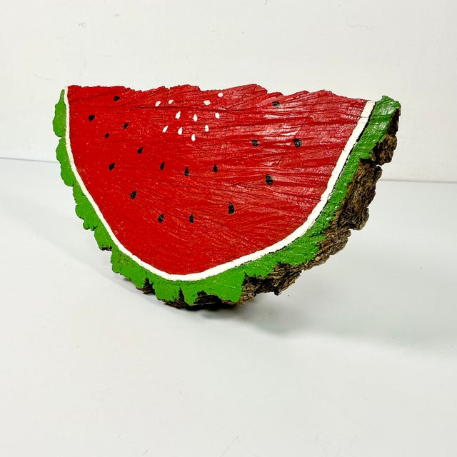 Late 20th Century Vintage Folk Art Boho Chic Arts & Crafts Elm Wedge Watermelon Sculpture, Hand Carved, Painted For Sale - Image 5 of 12
