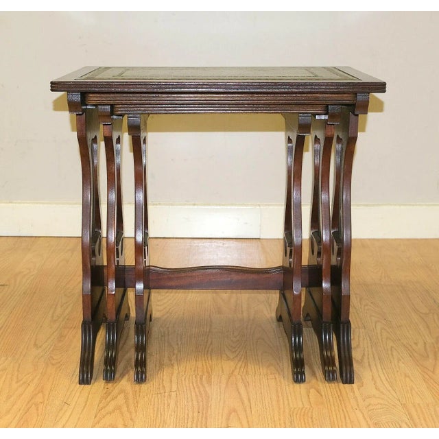 Mahogany Nesting Tables with Green Leather Tops & Harp Shaped Support Sides, Set of 3 For Sale - Image 5 of 13