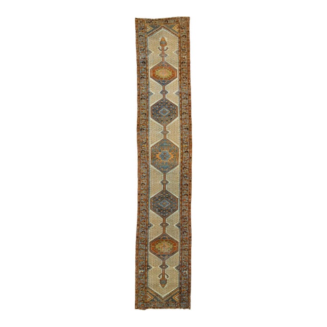 Beige 1920s Hamadan Persian Beige Wool Runner With Medallion Design For Sale